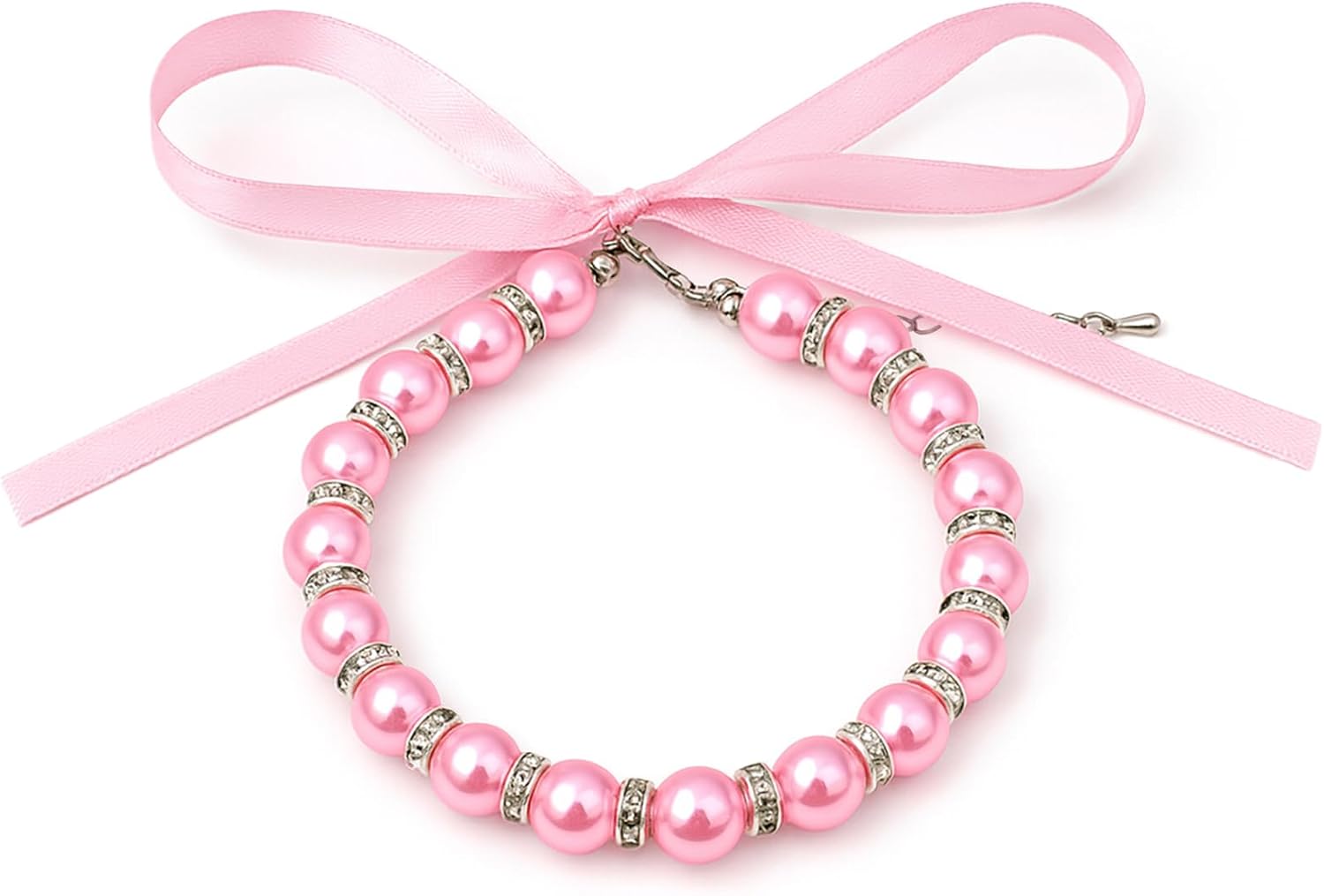 Attkryy adjustable pearl necklace collar front view showing pink bow and rhinestones.