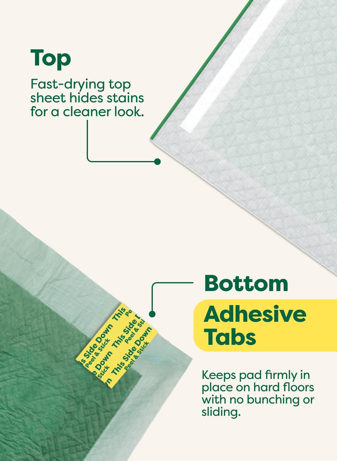 Close up view of the adhesive strips on Earth Rated large dog pee pads