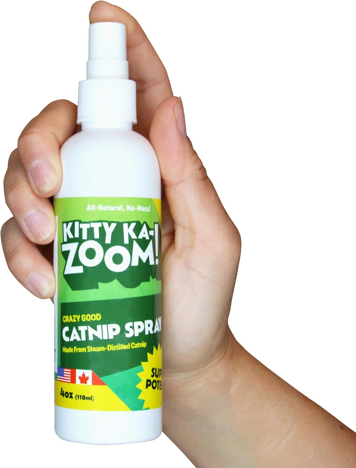 Authentic Kitty Ka-Zoom cat training spray displaying product size and North American sourcing information.