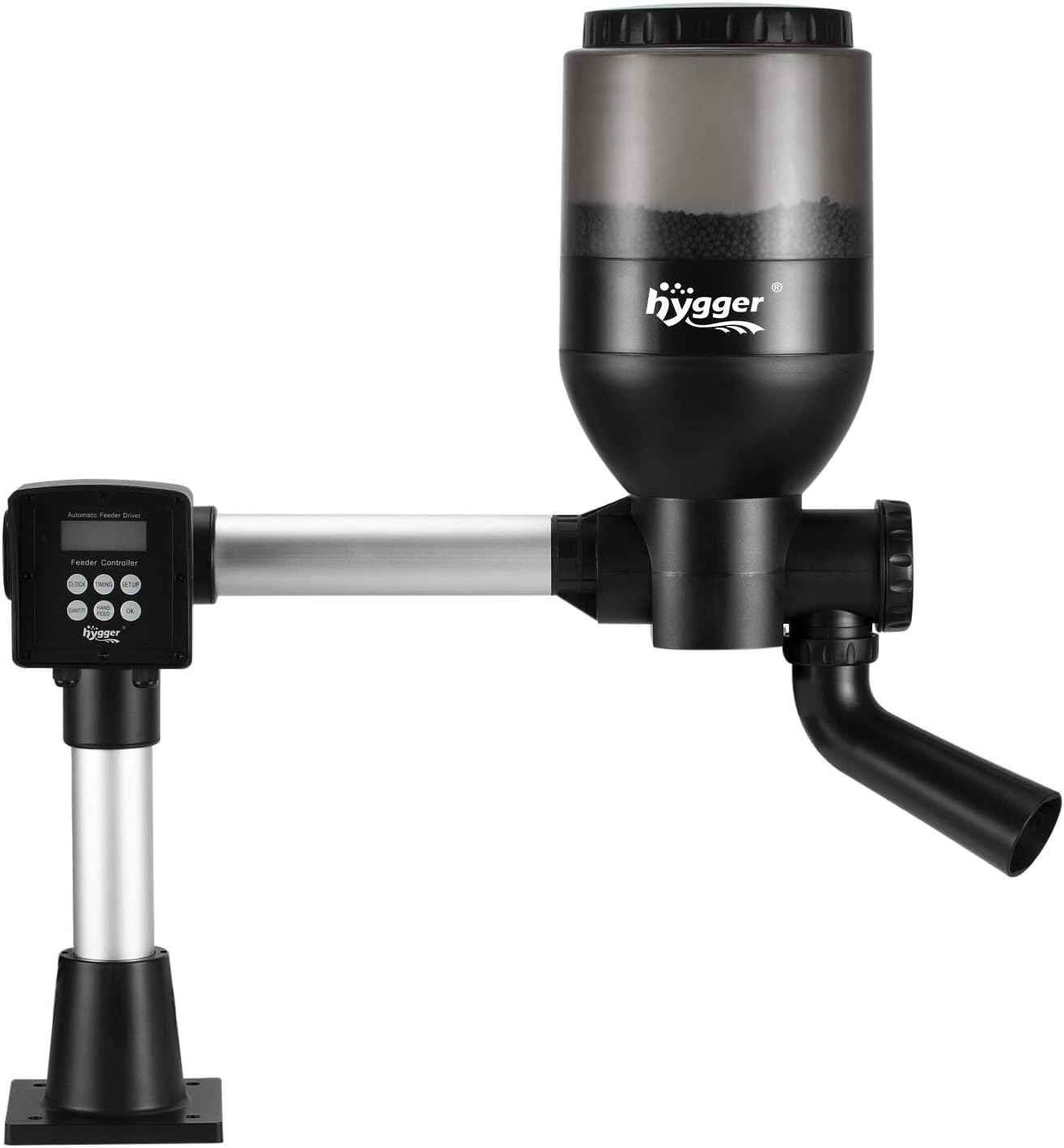 Hygger automatic pond fish feeder front view showing the large translucent five point five litre food hopper.