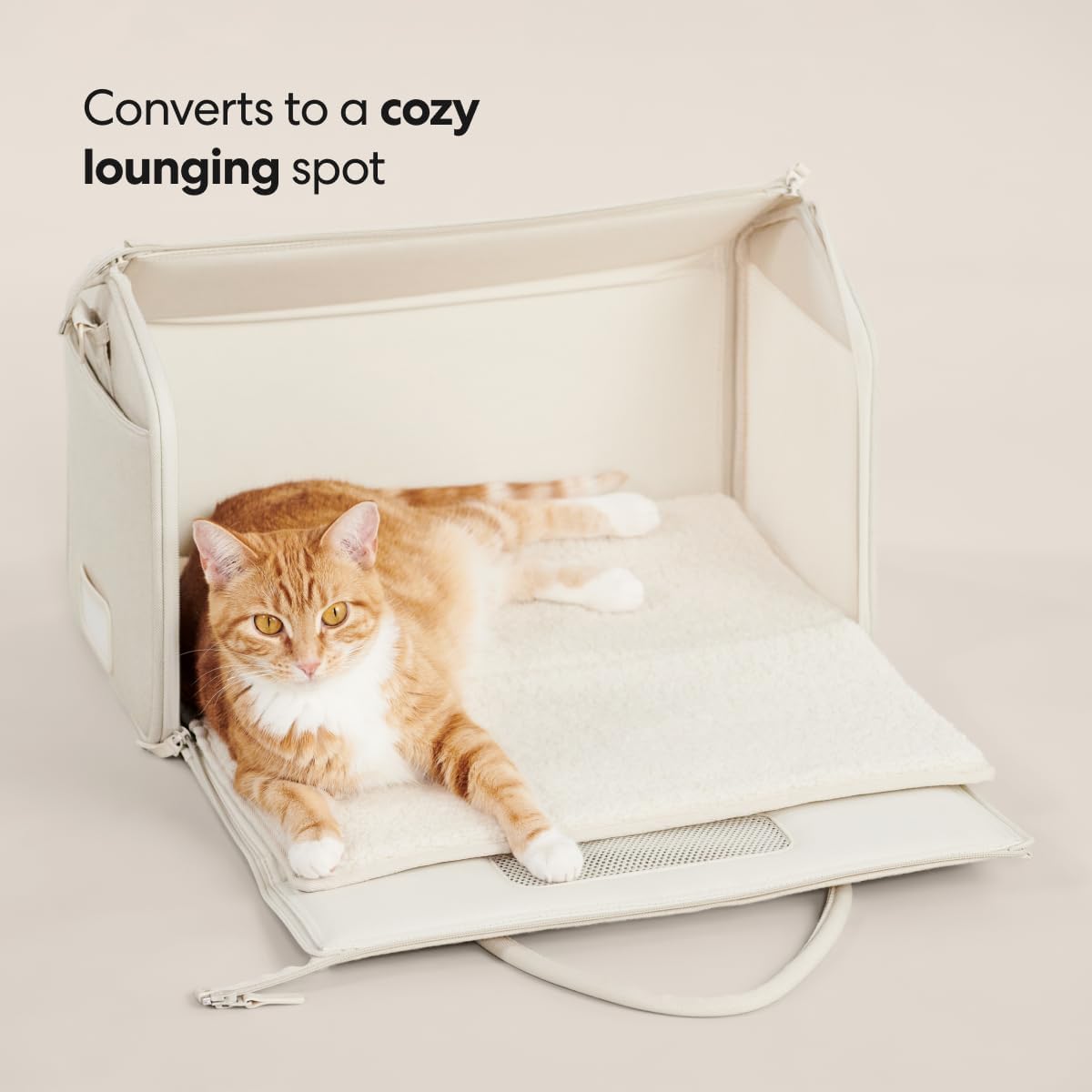 Water resistant canvas pet travel crate secured with car seat belt straps.