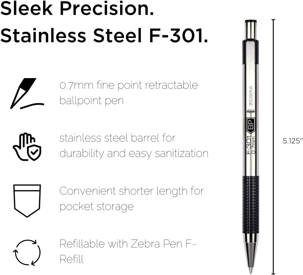 Close up of the retractable 0.7mm fine point tip on the Zebra F-301 pen