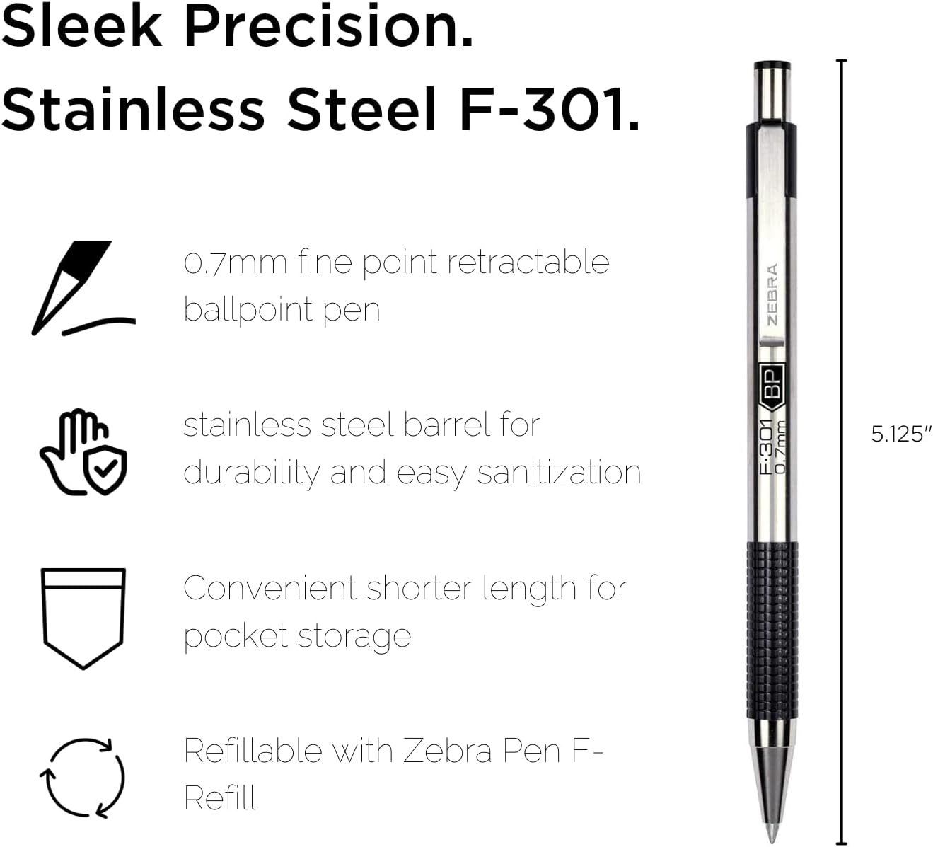 Close up of the retractable 0.7mm fine point tip on the Zebra F-301 pen
