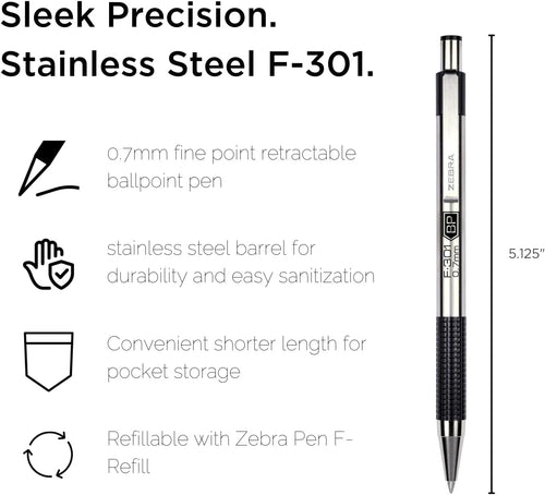 Close up of the retractable 0.7mm fine point tip on the Zebra F-301 pen
