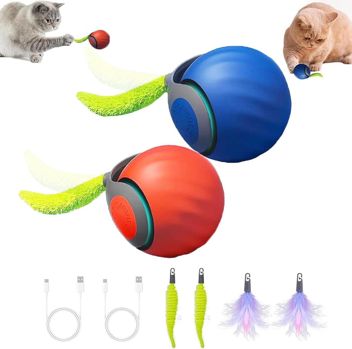 Autrety Speedy 2.0 Tail interactive cat toy front view showing the electronic rolling ball with attached plush tail.