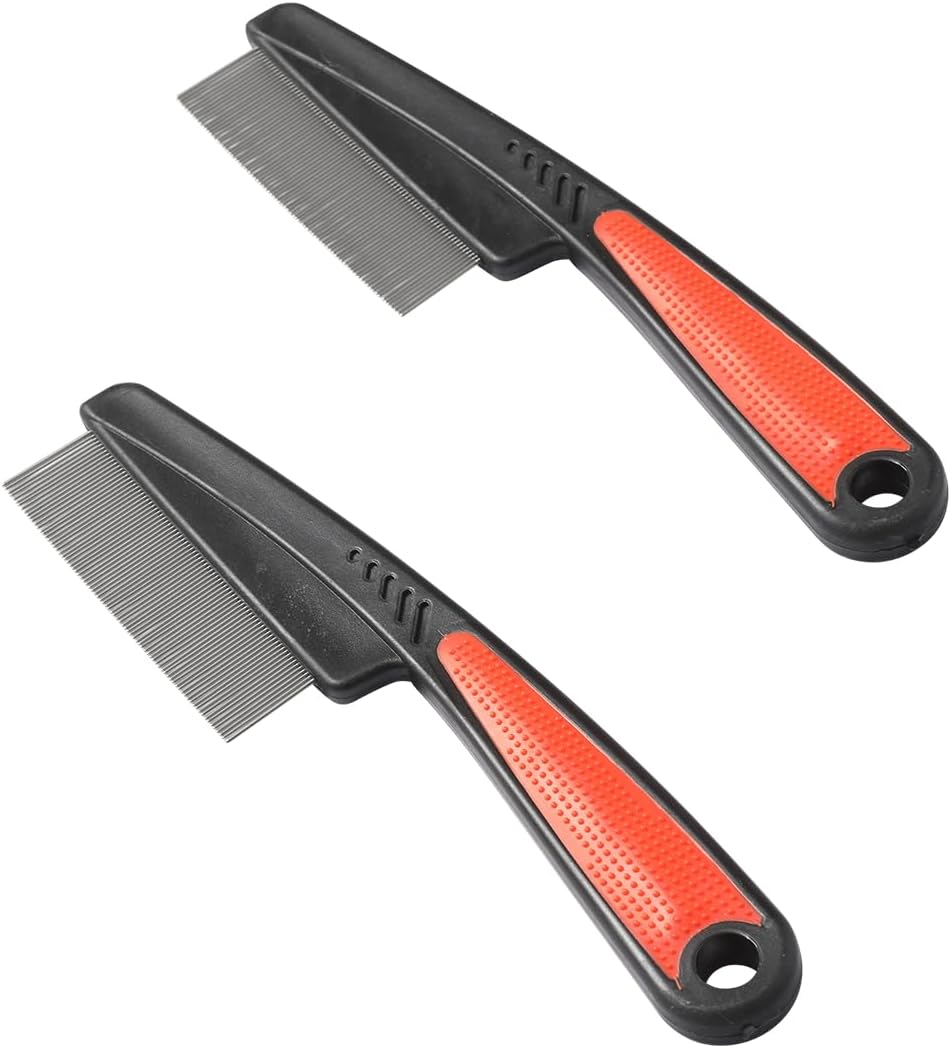 Two piece red and black pet grooming combs close up