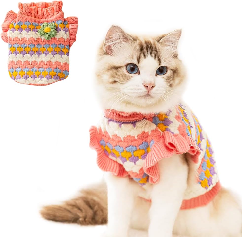 Anelekor knitted tulip dog sweater front view featuring pink knit material and ruffled collar.