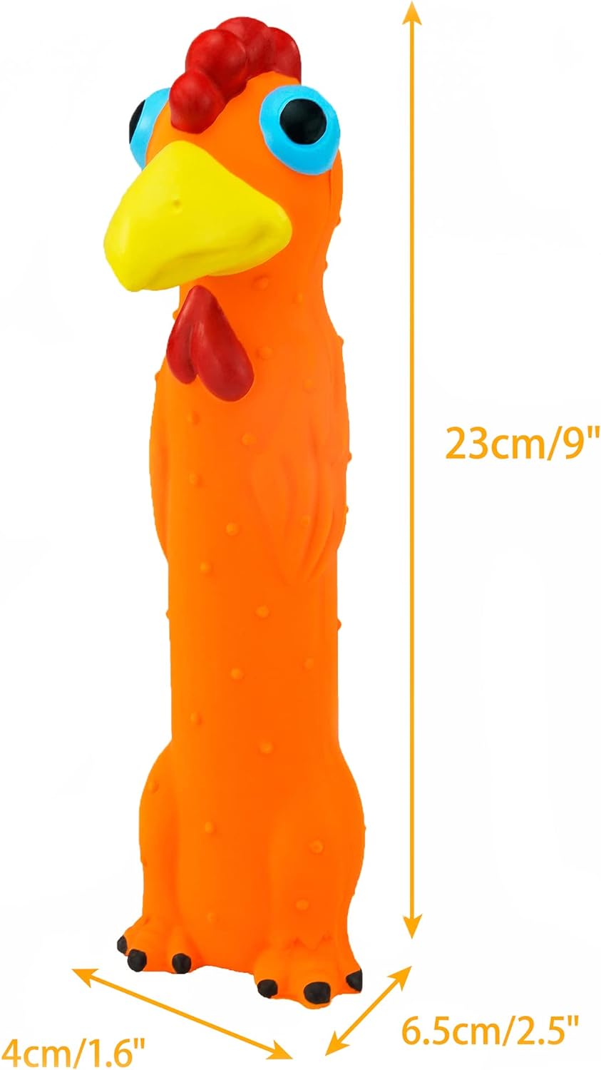 Orange chicken rubber dog toy included in the Chiwava three pack highlighted for fetch and tug games.