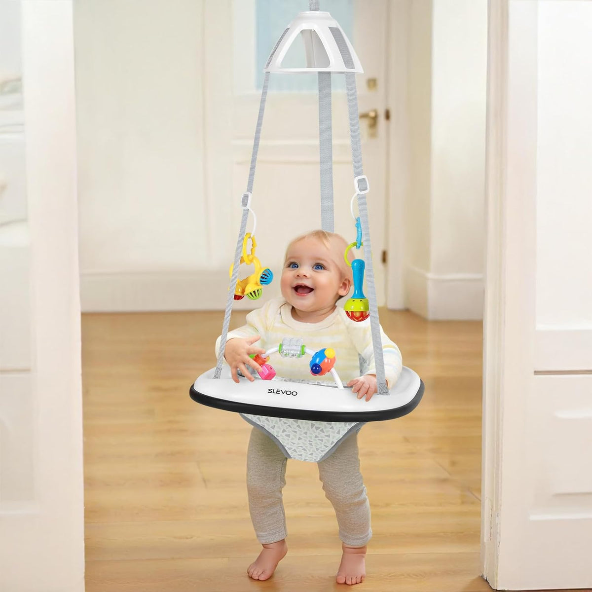 Slevoo Baby Jumper front view showing the Joyful Bubbles seat and door clamp.
