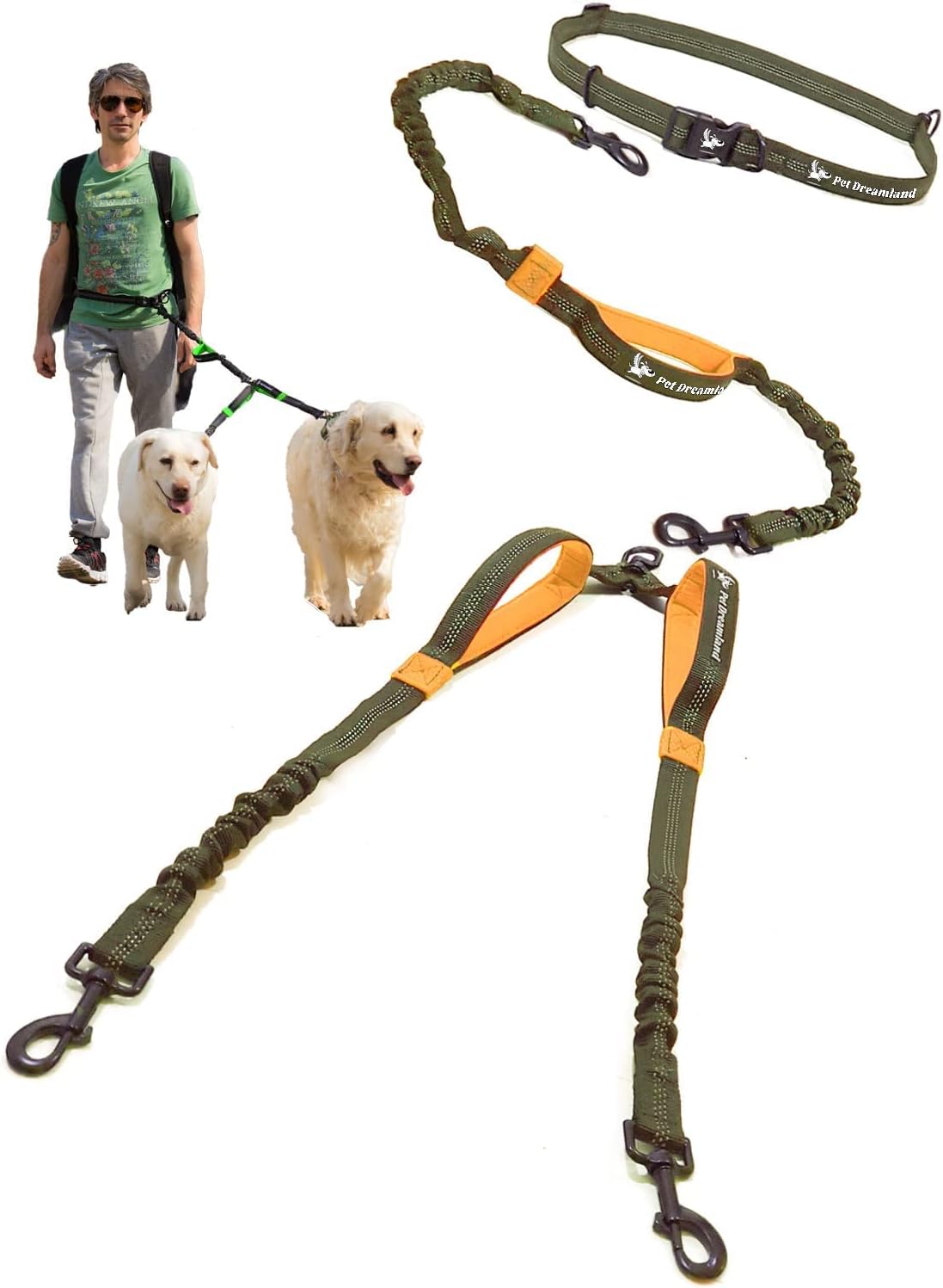 Pet Dreamland hands free double dog leash khaki and orange front view packaging