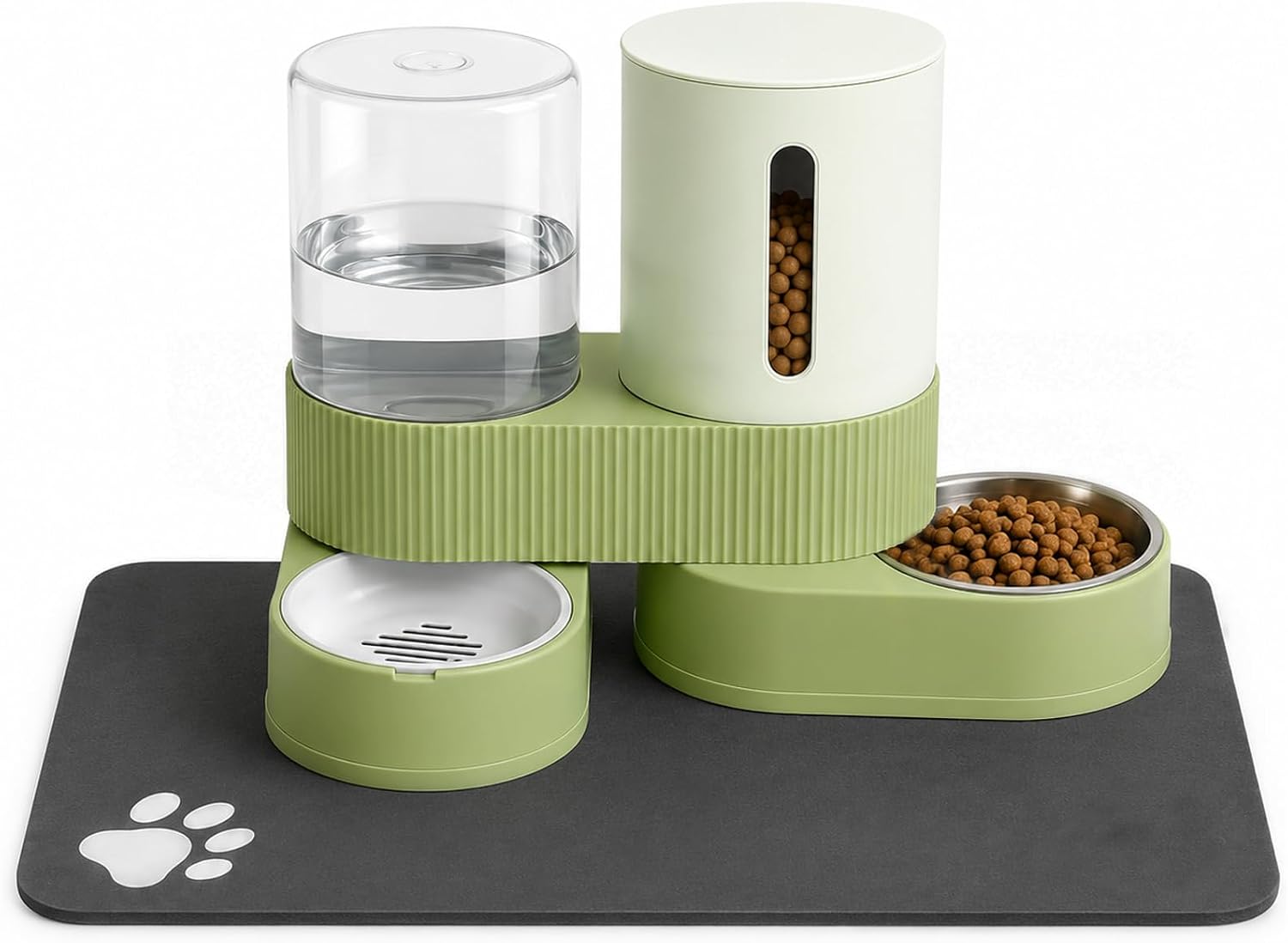 WyfKyd gravity cat feeder and water dispenser green front view on silicone mat