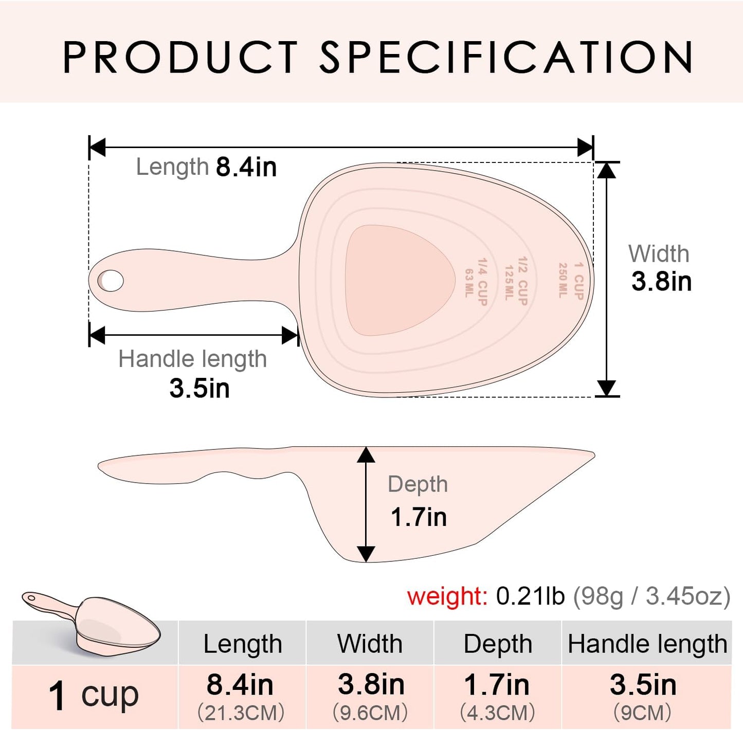 Top down view of pet food scoop with measurement markings