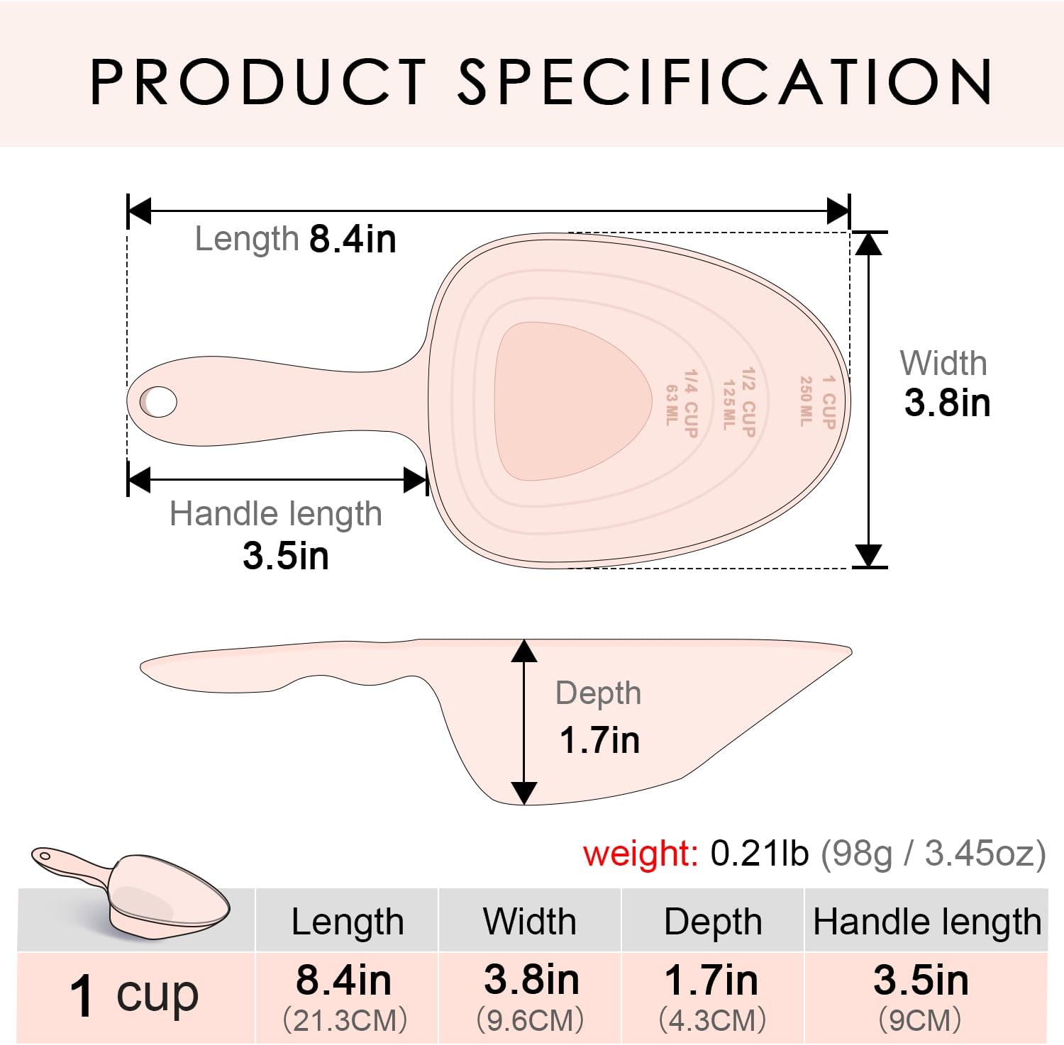 Top down view of pet food scoop with measurement markings