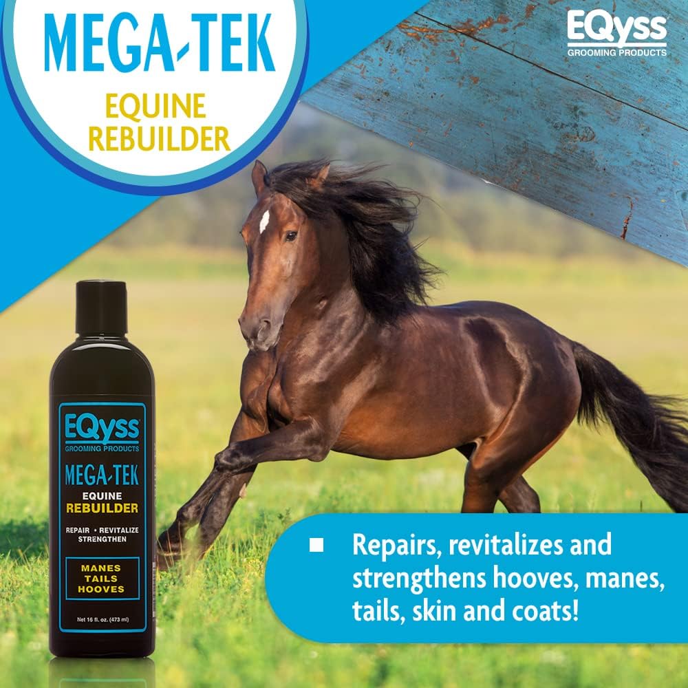 Eqyss horse mane and tail rebuilder conditioner being used to prevent hair breakage.