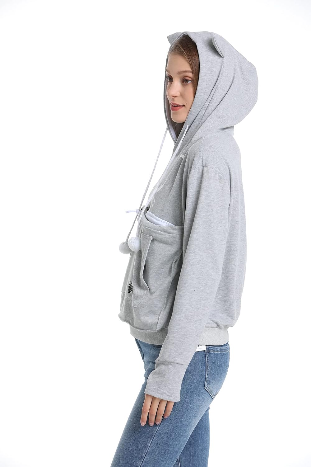 LINYUCHEN cozy pet holder hoodie highlighting the pom pom drawstrings and eared hat