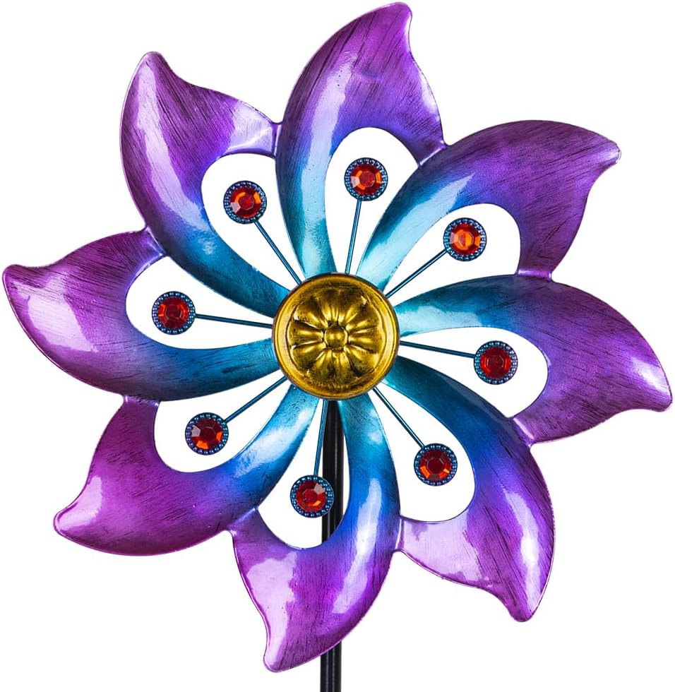 Vewogarden metal flower wind spinner front view blue and purple
