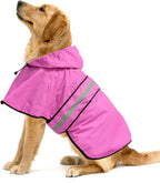 Ezierfy reflective dog raincoat front view showing the protective hood and pink waterproof fabric.