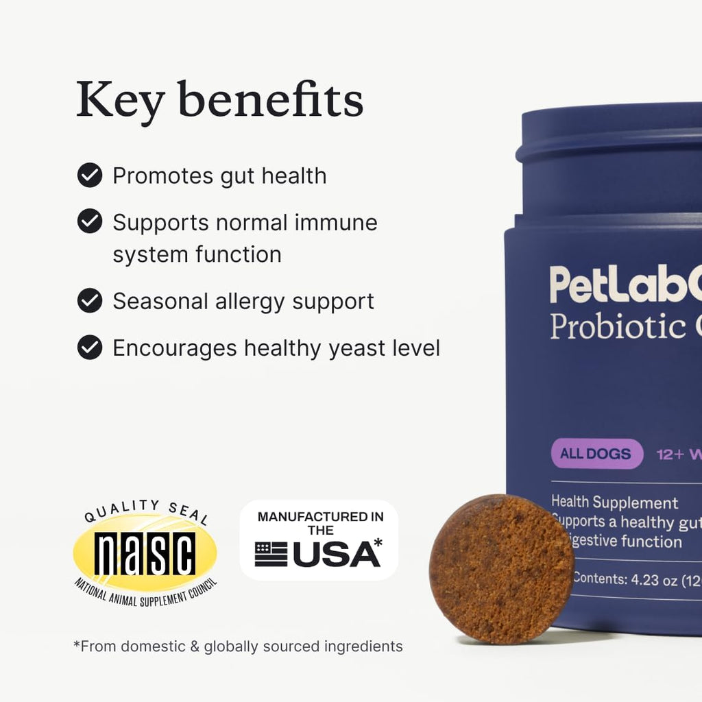 PetLab Co. dog probiotic salmon flavor soft chews bottle side showing dosage directions.