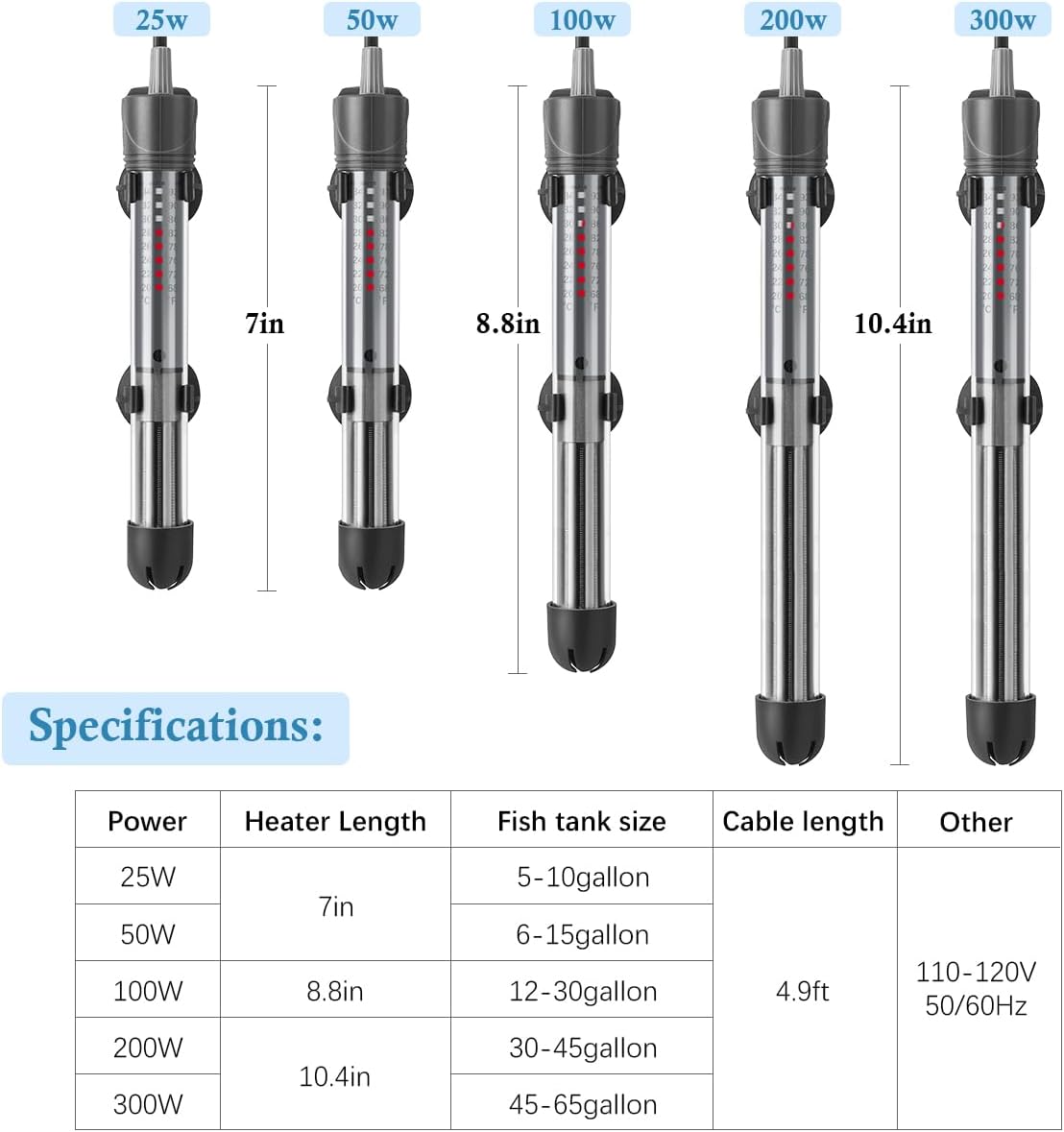 Hitop 50W fish tank heater showing top temperature adjustment dial