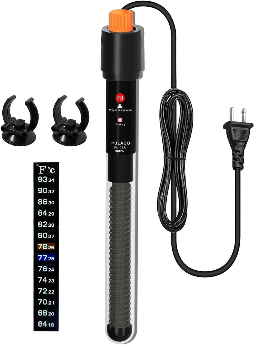 Pulaco 300 Watt aquarium heater front view for fish tanks