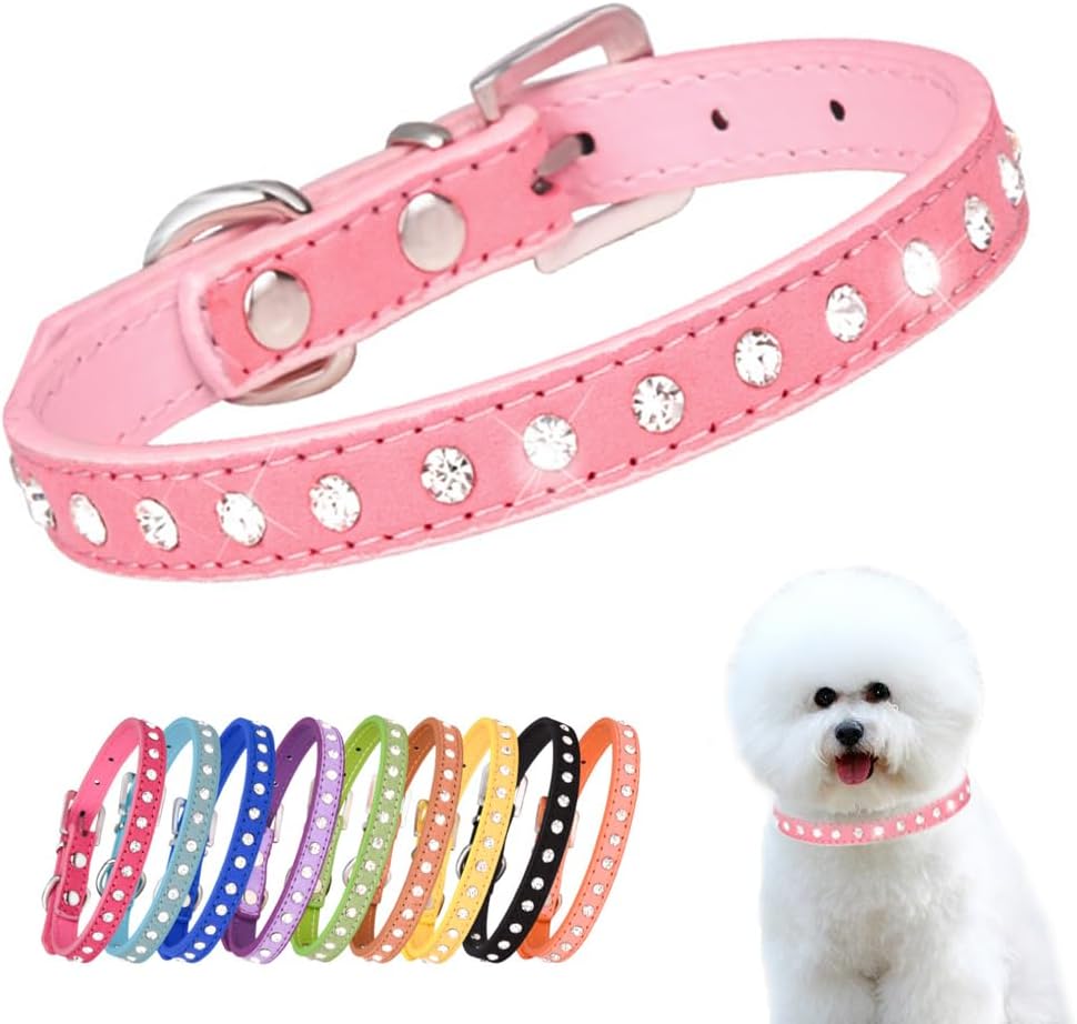 Youalso pink rhinestone small dog collar front view with crystals