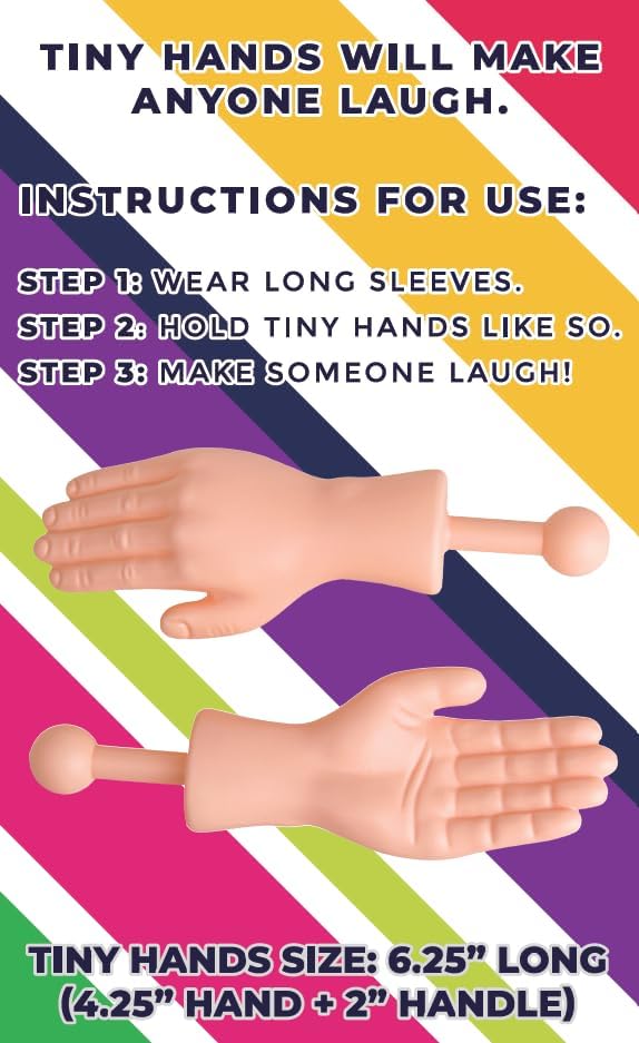 Side profile of original DR DINGUS pocket-sized novelty joke hands with handles attached.