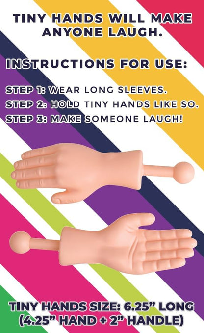 Side profile of original DR DINGUS pocket-sized novelty joke hands with handles attached.