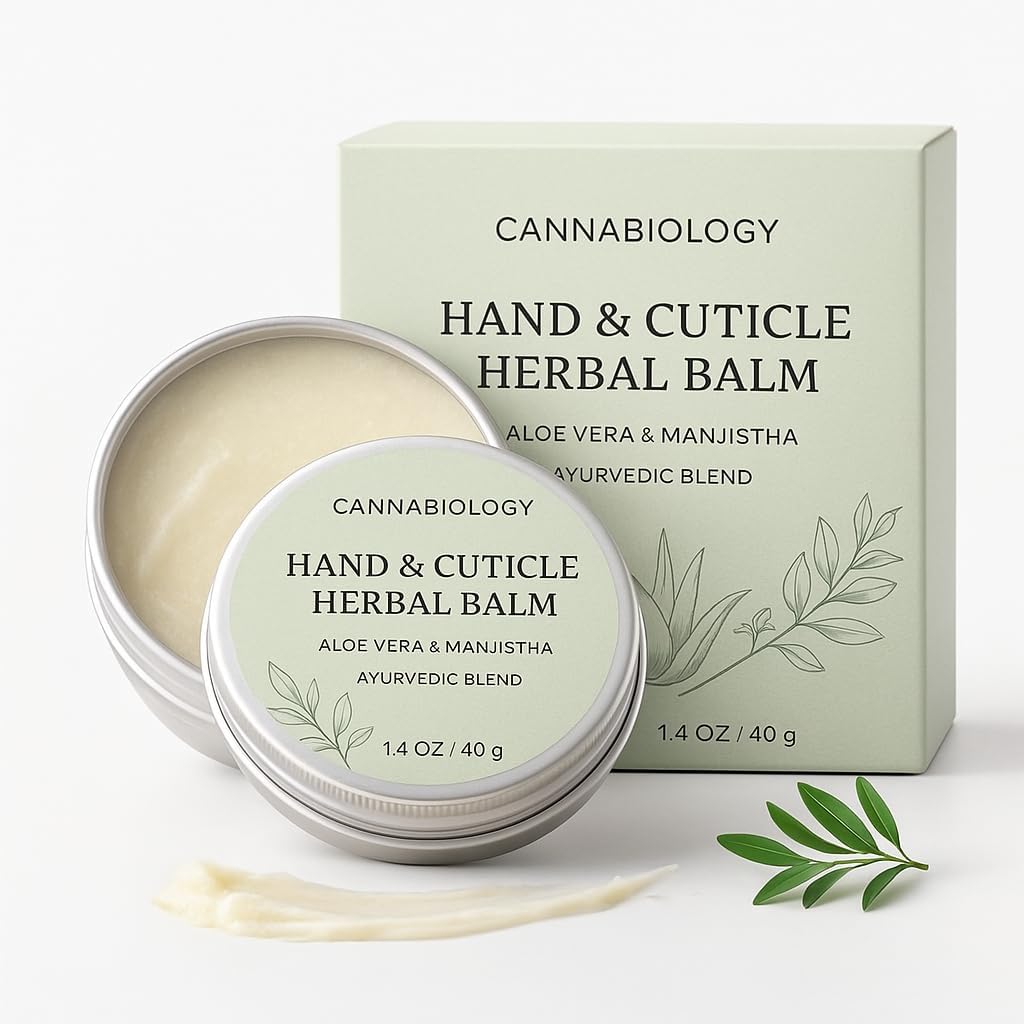 CANNABIOLOGY EST. 2016 Hand and Cuticle Herbal Balm front view for dry skin repair.