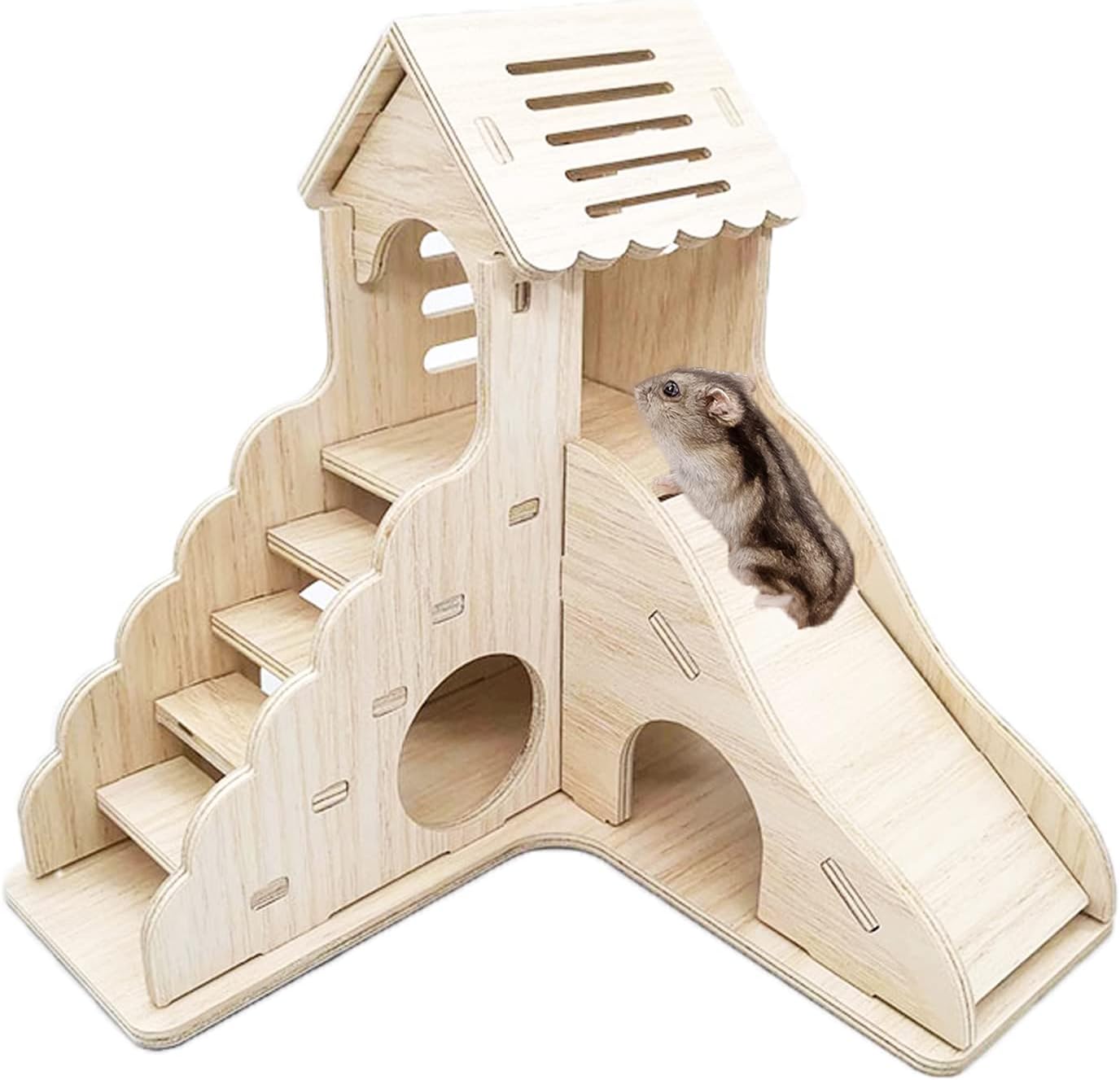 Hamster Hideout Cage Accessories - Hamster House and Habitat Wooden Hide Hut with Climbing Ladder and Slide for Dwarf Gerbils and Mouse Mice Rat Other Small Animals etc. - Image 1