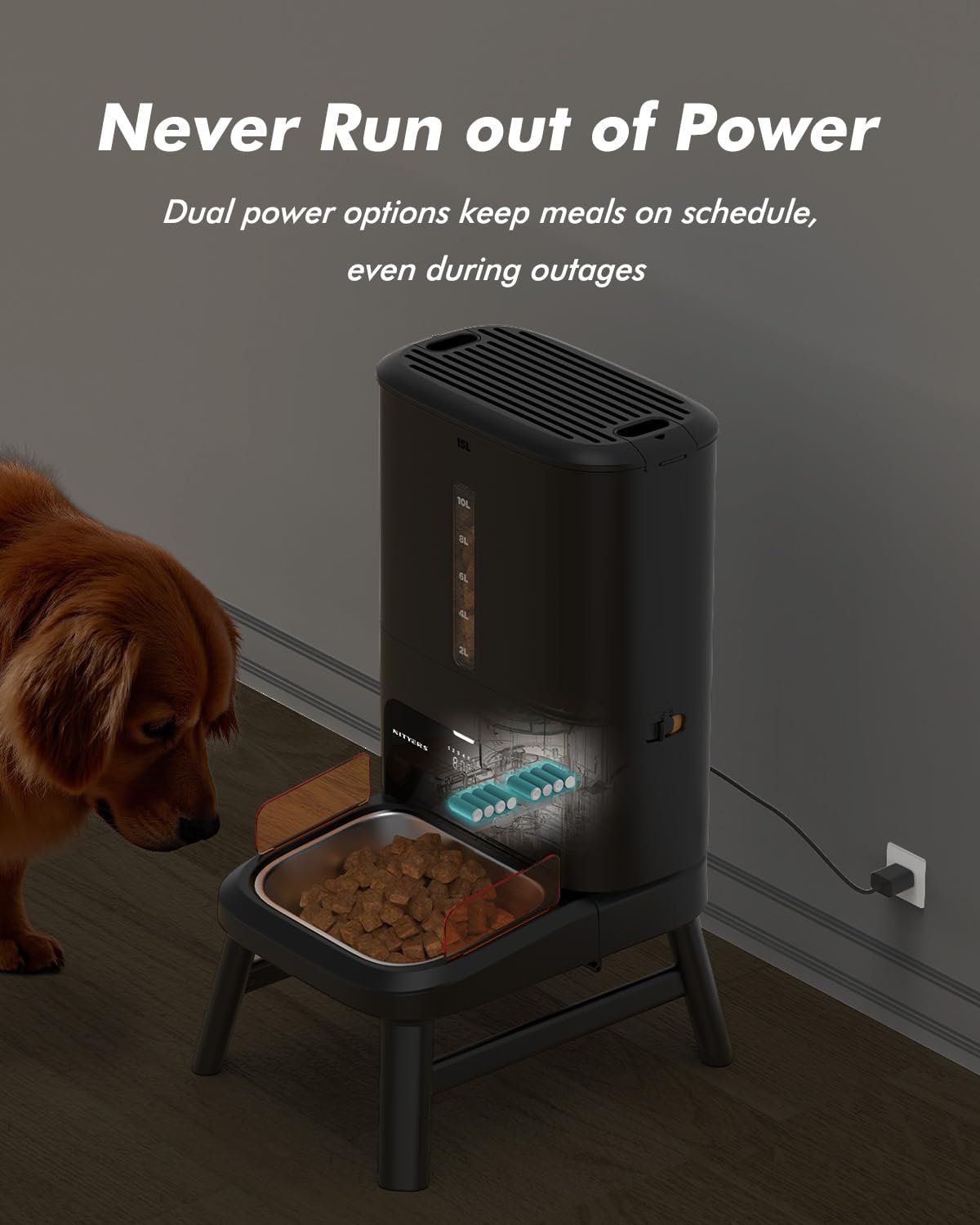 Automatic Dog Feeder for Large Breed - 15L/ 63 Cups Anti-Clog Dog Food Dispenser for 2-23mm Kibble, Elevated Stand, Large Food Tray, Dual Power, Up to 50 Portions 6 Meals Per Day, Keeps Fresh - Image 9