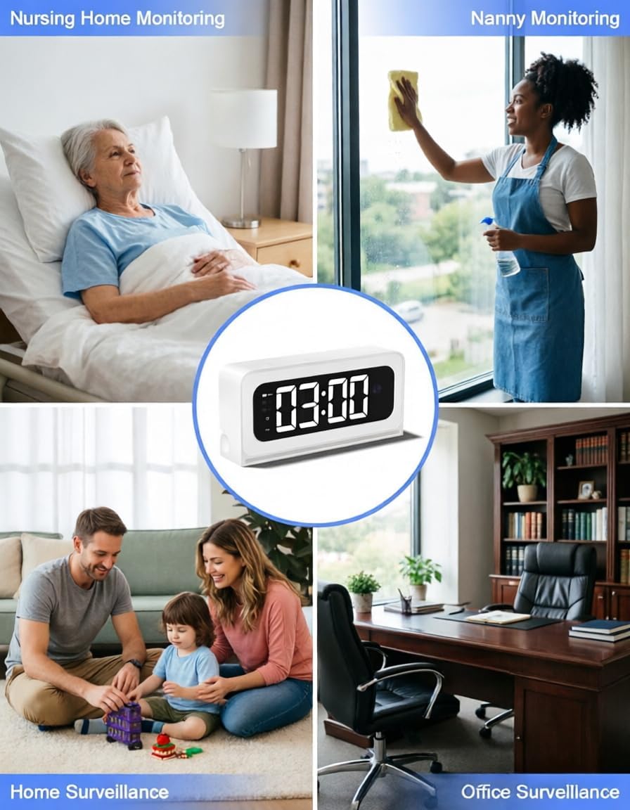 Discreet home security clock camera on bedside table