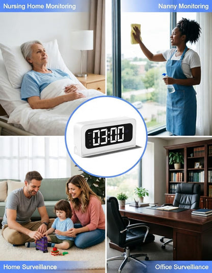 Discreet home security clock camera on bedside table
