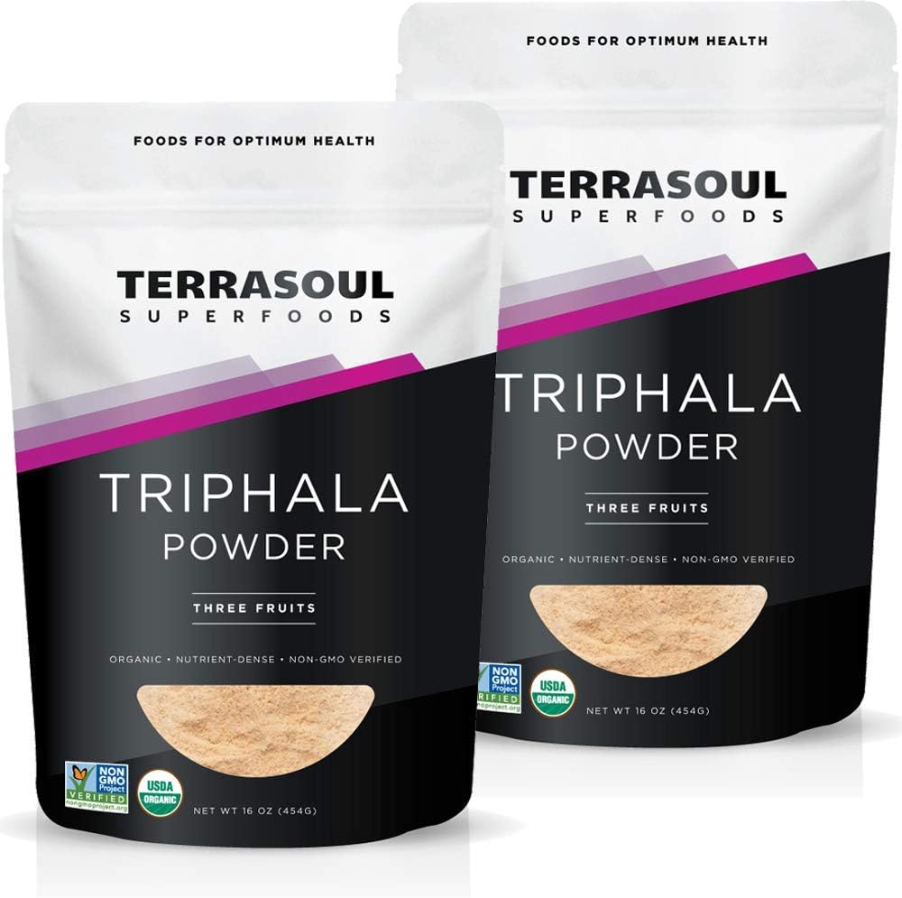 Terrasoul Superfoods Organic Triphala Powder 2 Pounds front pouch view showing organic certified logo.