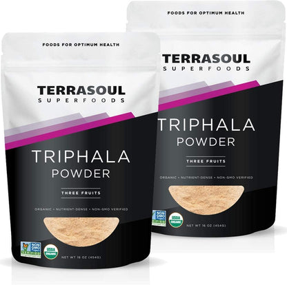 Terrasoul Superfoods Organic Triphala Powder 2 Pounds front pouch view showing organic certified logo.