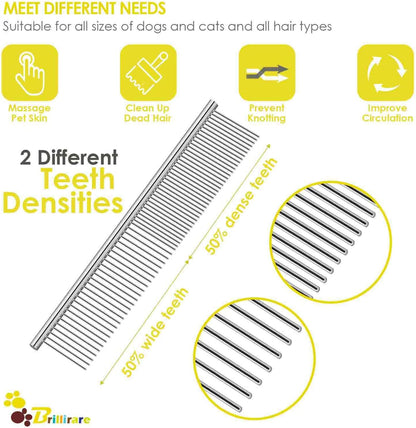 Pet grooming comb showing wide and fine teeth sides