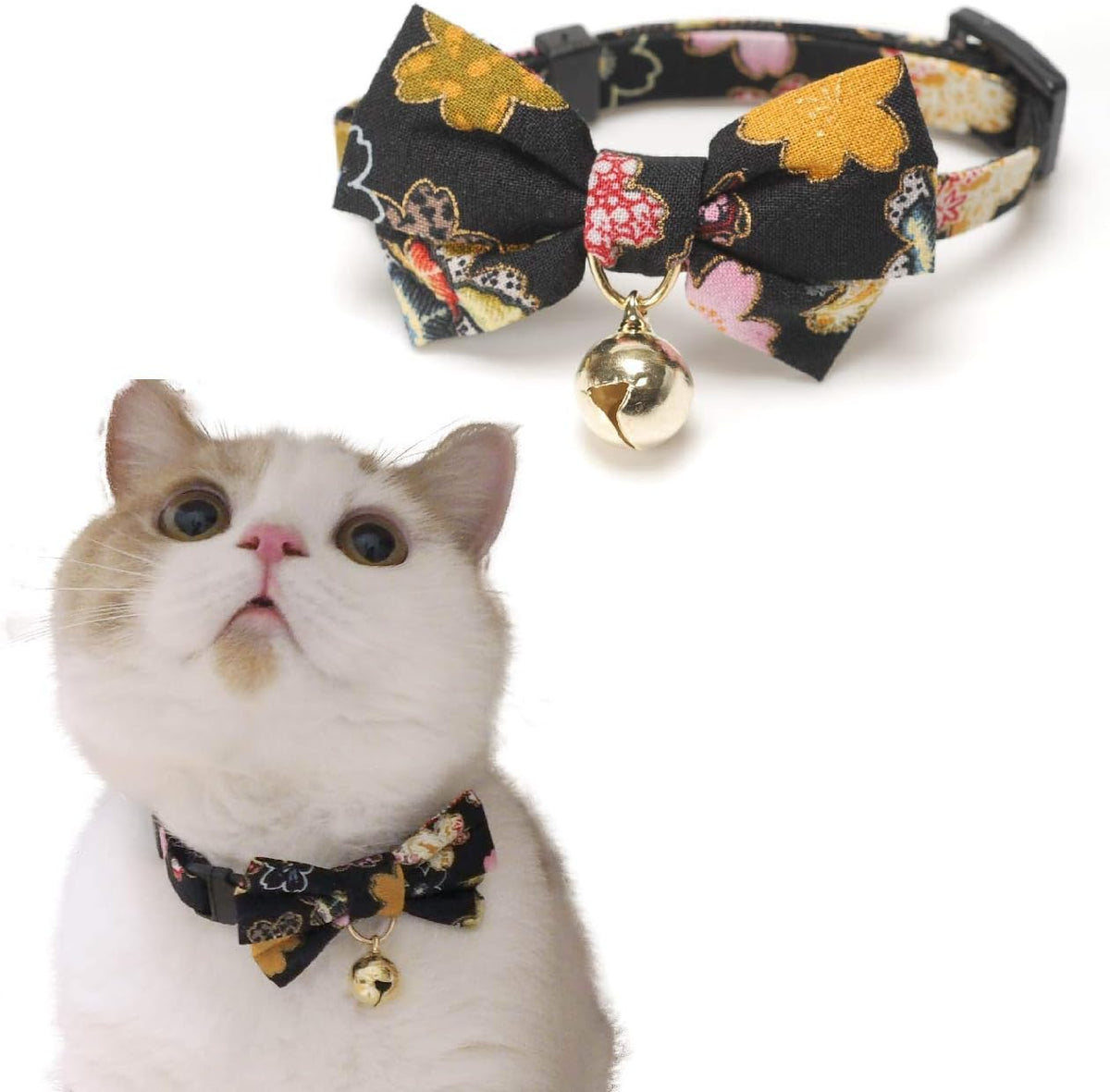 Necoichi Kimono Bow Tie Cat Collar Black front view showcasing the Japanese floral pattern.