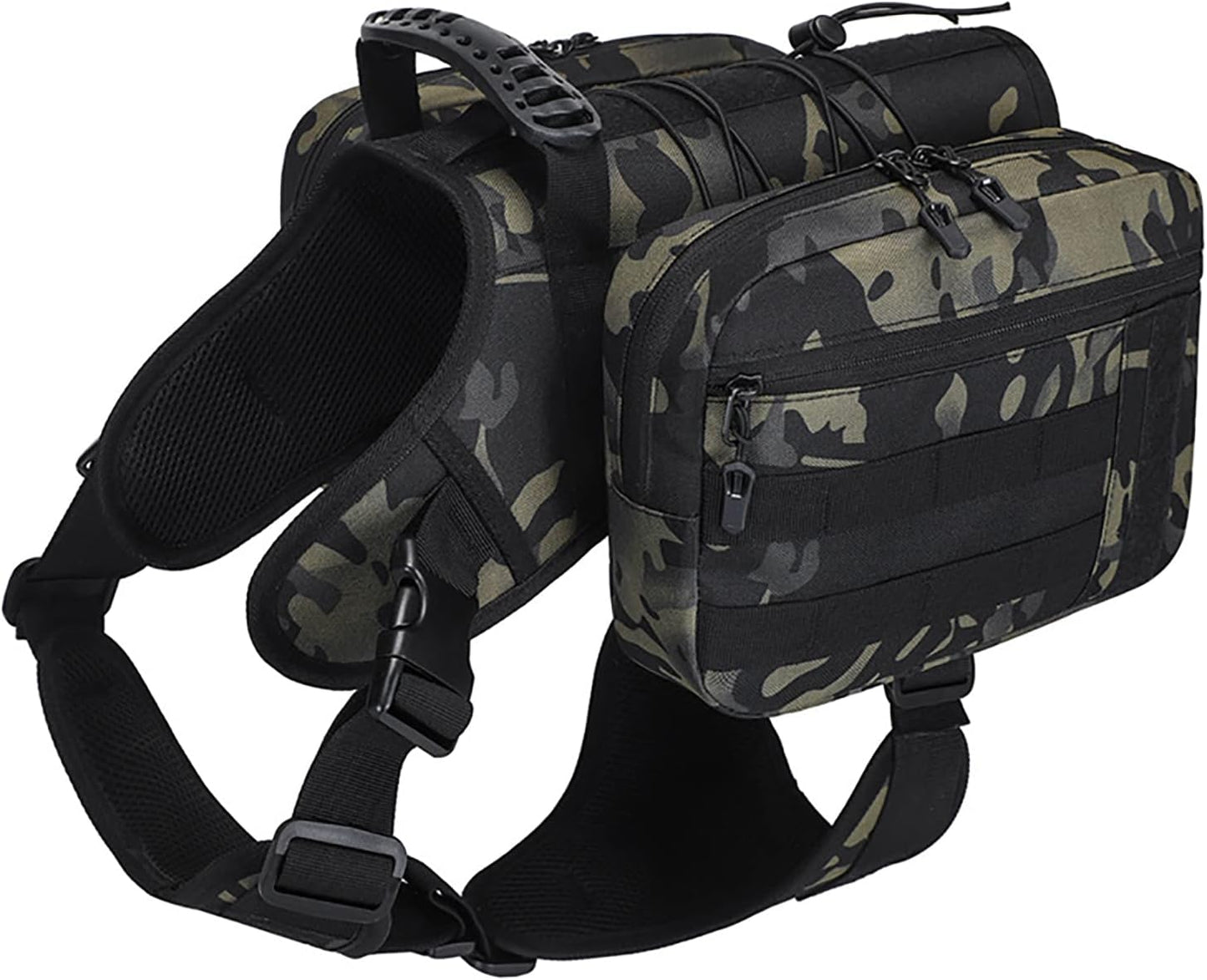 BYGD Werwing dog hiking backpack front view on large dog showcasing camouflage pattern tactical harness