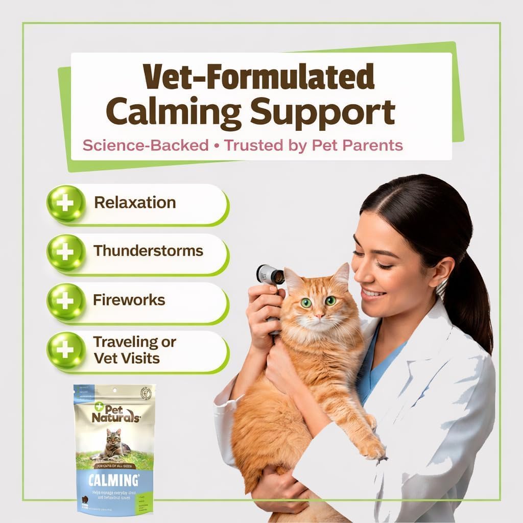 Back label of Pet Naturals Calming Chews displaying active ingredients and dosage guide