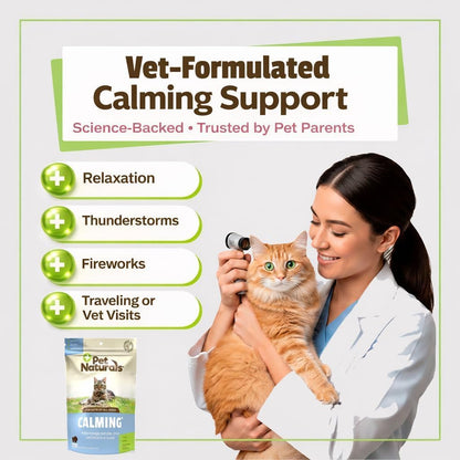 Back label of Pet Naturals Calming Chews displaying active ingredients and dosage guide