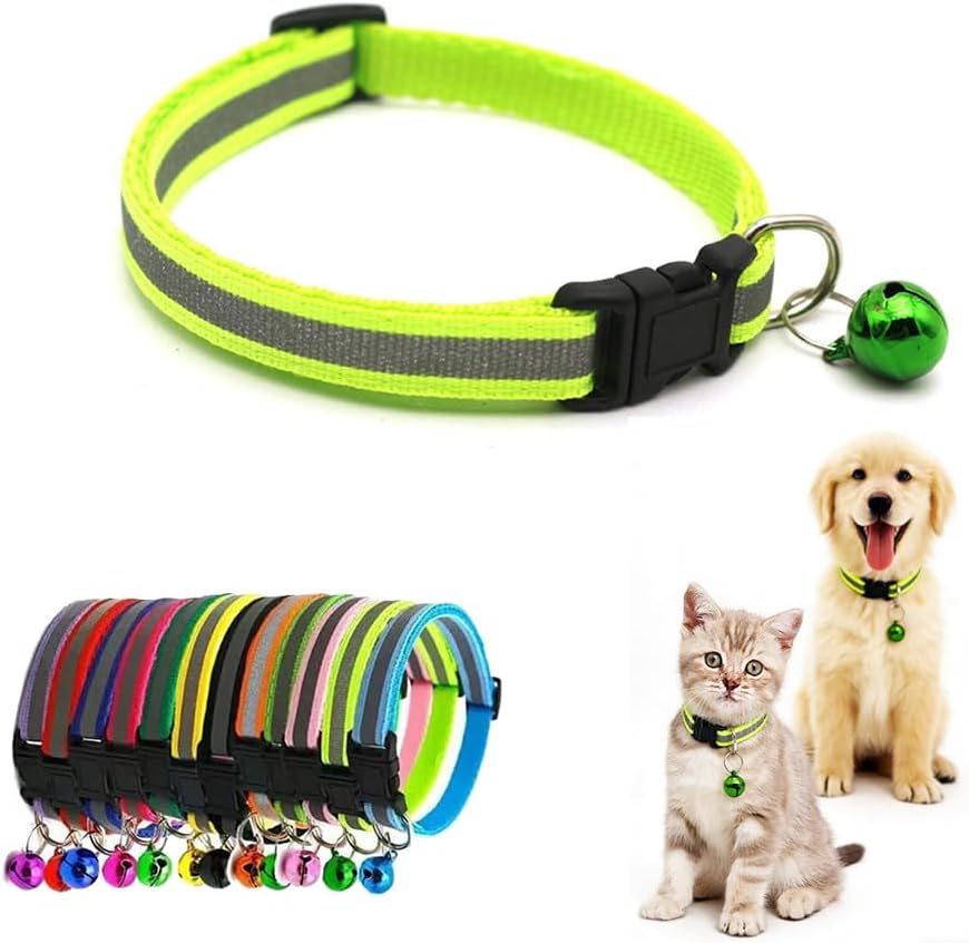 ONEFOJOJO reflective cat collar with bell front view yellow green shade