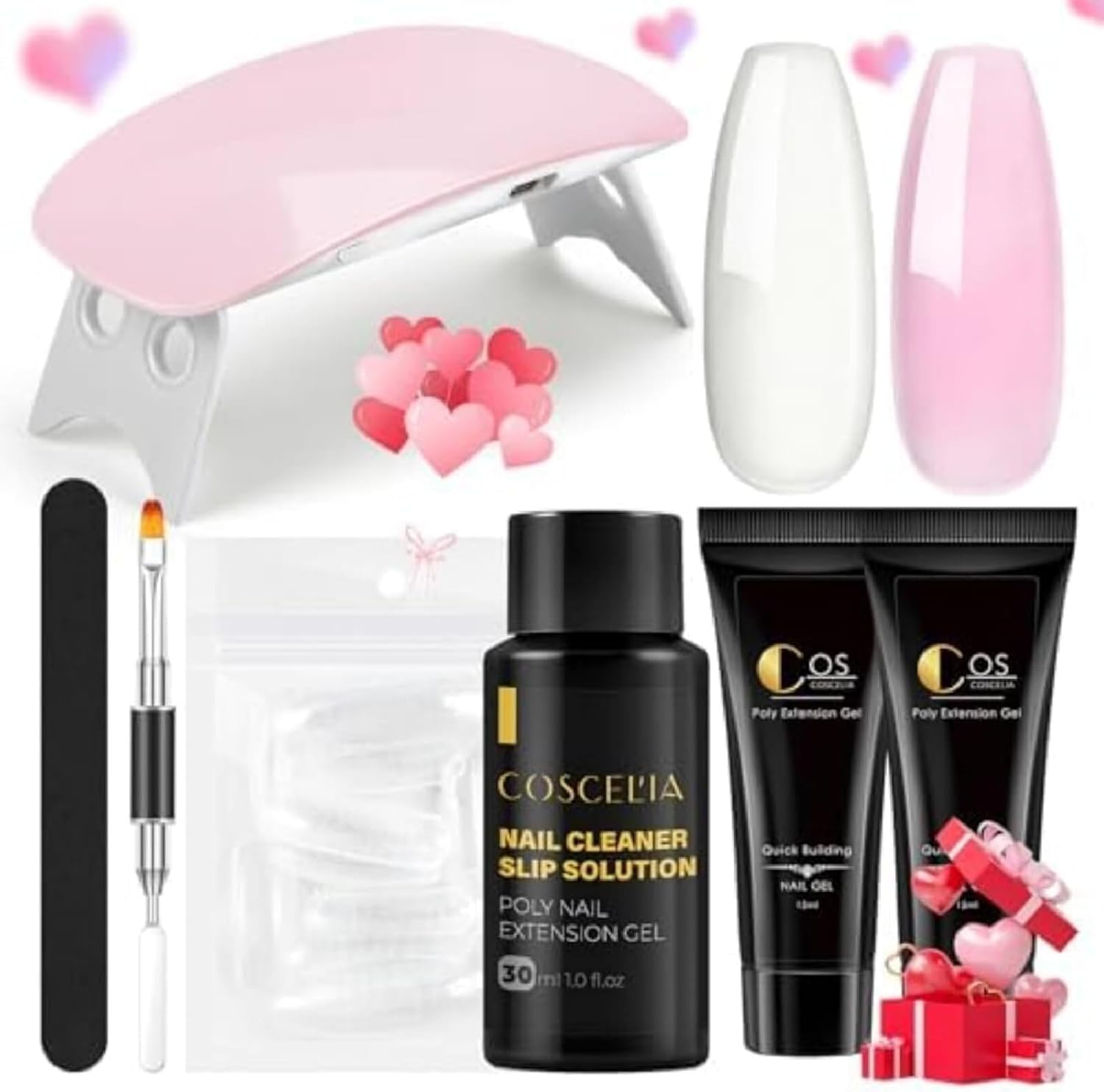 Ruby Face poly gel nail extension kit with UV lamp front view