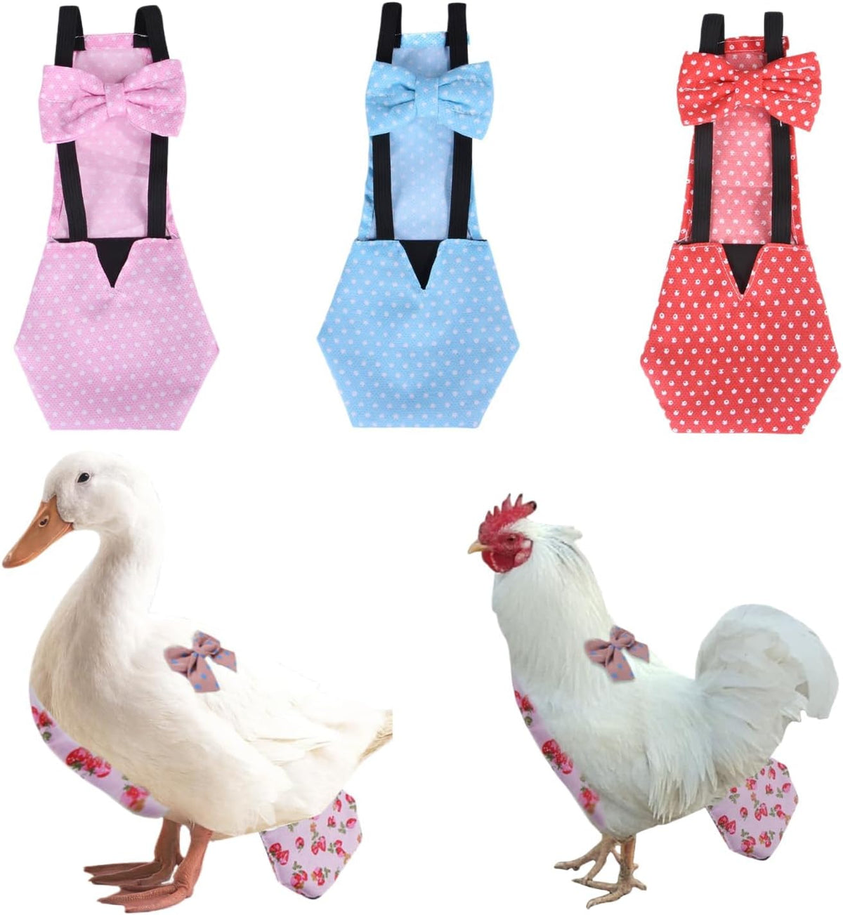 Silkie hen wearing a decorative Manon Rosa poultry diaper