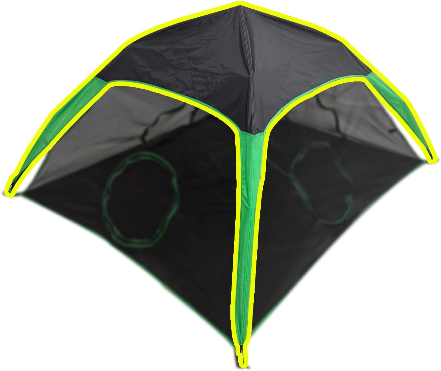 Pawtenda cat tent sunshade cover front view showing black fabric canopy with neon green trim detailing
