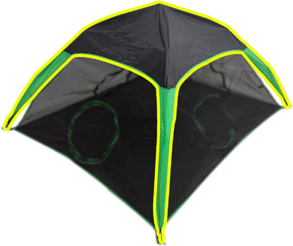 Pawtenda cat tent sunshade cover front view showing black fabric canopy with neon green trim detailing