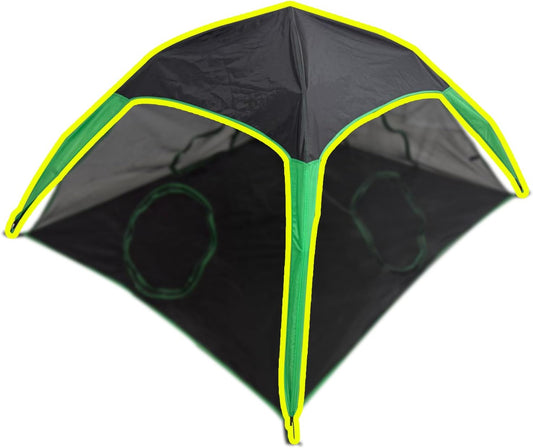 Pawtenda cat tent sunshade cover front view showing black fabric canopy with neon green trim detailing
