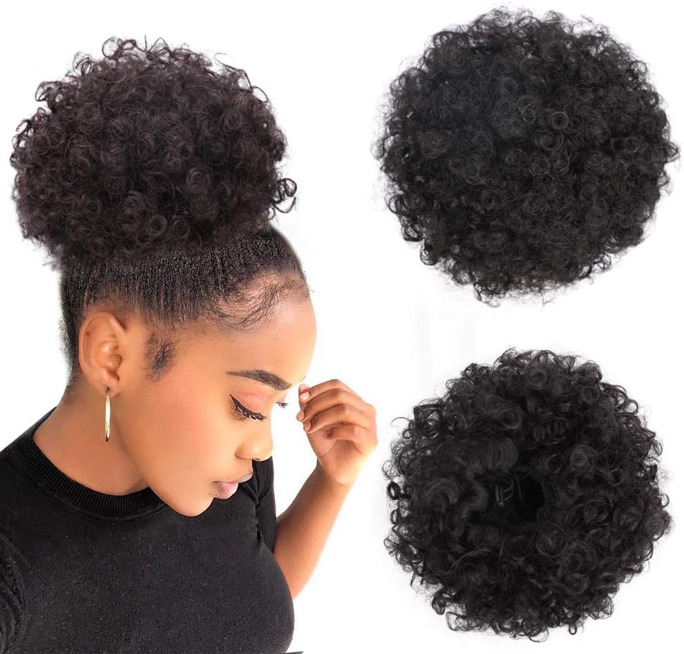 Yinmei Baibian Afro Puff Drawstring Ponytail front view showing natural black kinky curly bun extension