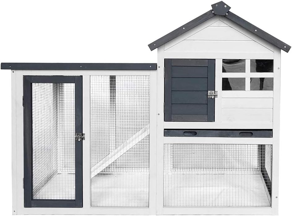 BIRASIL Wood Rabbit Hutch, Guinea Pig Cage with Pull Out Tray, 2 Levels Bunny House for Small Animals Outdoor Indoor (Gray, 48 Inch) - Image 1