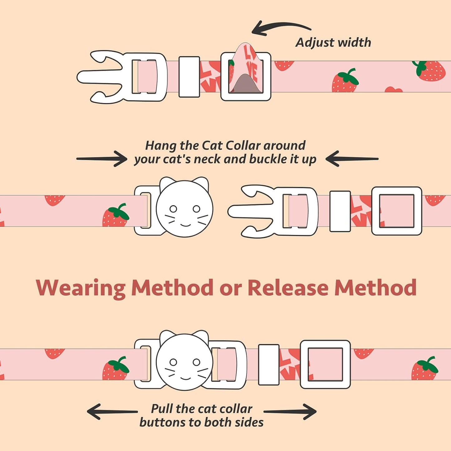 Adjustable length feature of the pink strawberry pattern breakaway kitten collar