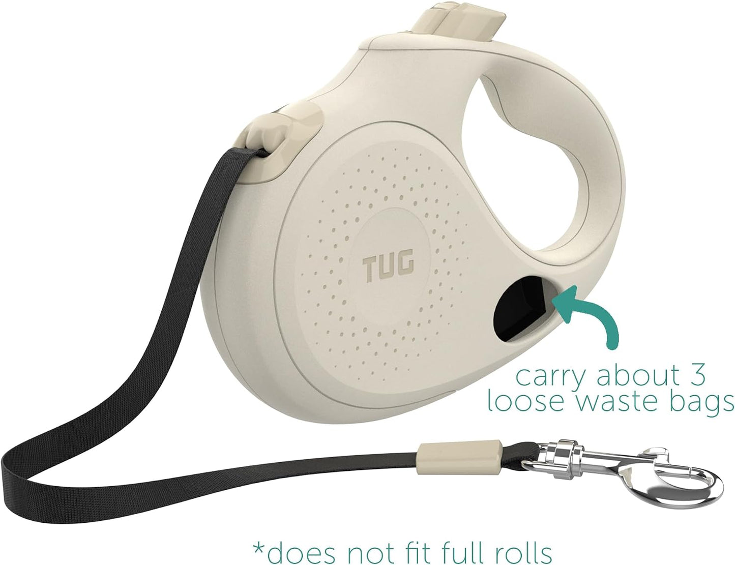 Side profile of TUG Oval retractable dog leash with integrated waste bag dispenser