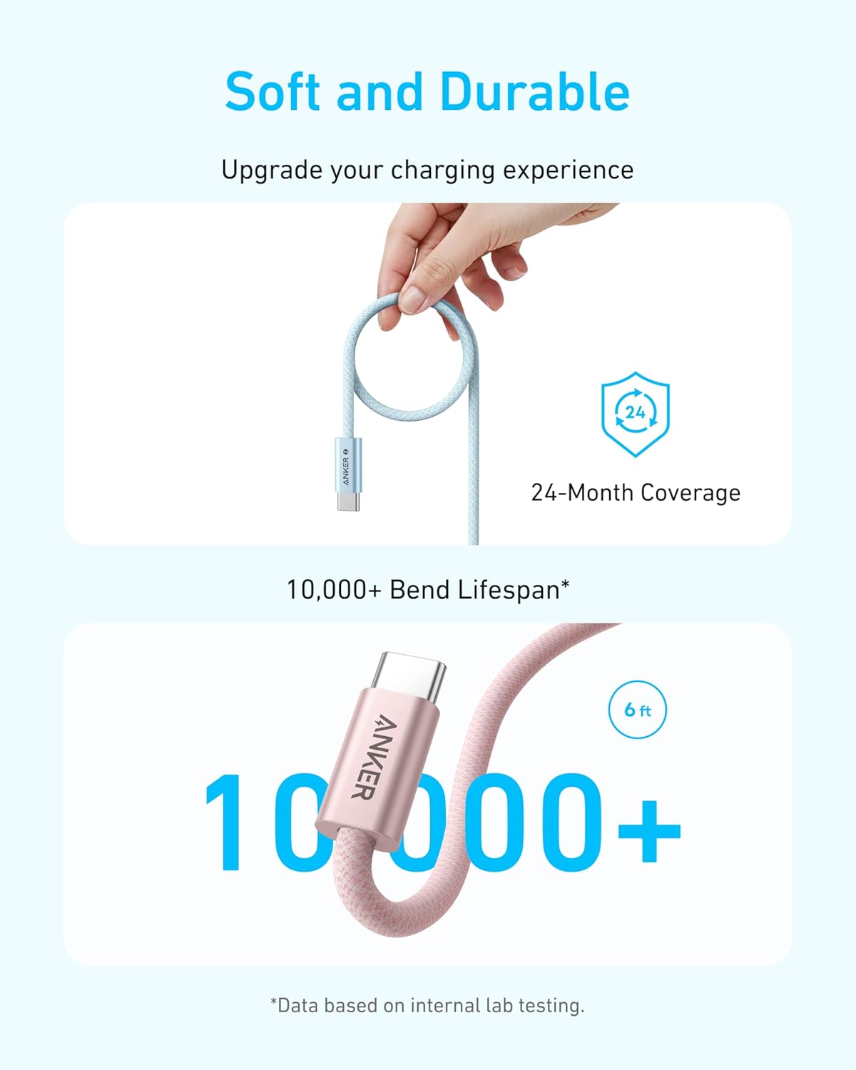 Anker premium braided Type C cable demonstrating its flexibility and 10000 bend resistance.